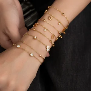 Gold Plated Charm Bracelet Stainless Steel Tiny Cross Heart Star Zircon Bead Chain Bracelet Women Minimalist Daily Jewelry Gift
