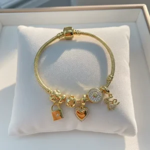 Gold Plated Charm Bracelet With CZ Heart Lock Key Coin Dangle Charms Adjustable Chain Bracelet for Girls Women Gift Idea