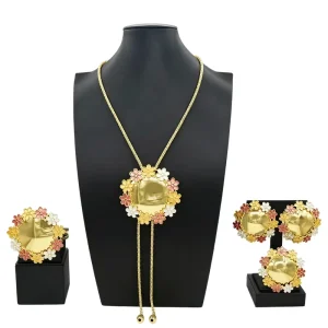 Gold Plated Colorful Enamel Floral Bolo Tie 4Pcs Jewelry Set Women Daily Vacation Dinner Matching Accessories HS2602925