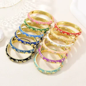 Gold Plated Colorful Enamel Flower Design Classic Women Zinc Alloy Channel Set Brilliant Cut Zircon Inlay Rhinestone Bangle