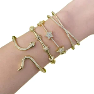 Gold Plated Copper Snake Star Cross Bracelet Copper Alloy Micro Zircon Diamond Handmade Fashionable Lucky Women’s Set