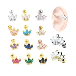 Gold Plated Crown Tragus Cartilage Earring Helix Piercing Fashion Body Jewelry Heart Made Surgical Steel Rhinestone Wedding