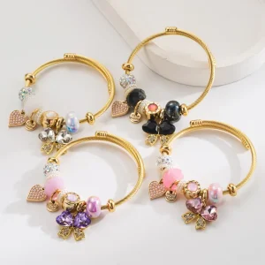 Gold Plated Crystal Bow Charm Bracelet Adjustable Stainless Steel Heart Pendant DIY Bangle Bracelet for Girls
