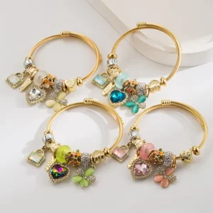 Gold Plated Crystal Lock Charm Bracelet Adjustable Stainless Steel Flower Pendant DIY Bangle Bracelet for Girls