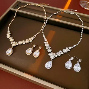 Gold Plated Crystal Rhinestone Diamond Zircon Water-drop Earrings Necklace Jewelry Set for Women