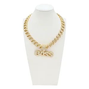 Gold Plated Cuban Chain Boss Letter Necklace with Cubic Engagement Fashion Bling Jewelry