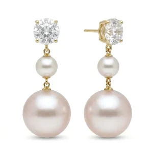 Gold Plated Cubic Zirconia Stud Earrings with Double Imitation Pearl Drop for Women Jewelry