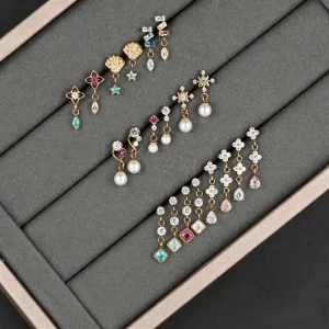 Gold Plated Dangle Piercing Stud Earrings Multicolour Cubic Zircon Pearl Drop Earrings Star Shell Four Petal Flower Ear