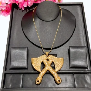 Gold Plated Double Axe Pendant Necklace for Women Bold Party Daily Wear Stylish Accessory BK25501