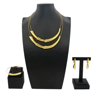 Gold Plated Double Layer Jewelry Set Curved Tube Necklace Bangle & Drop Earrings HD2501616