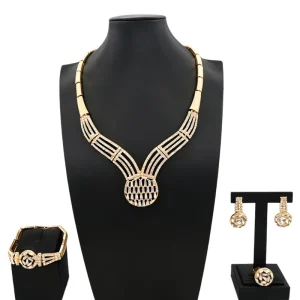 Gold Plated Dubai African Bridal Jewelry Set 4Pcs Beaded Necklace Earrings Bracelet Ring for Women Party Gift HB03514