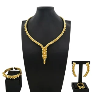 Gold Plated Dubai African Bridal Jewelry Set 4Pcs Beaded Necklace Earrings Bracelet Ring for Women Party Gift HS26005