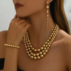 Gold Plated Earring Bracelet Beaded Necklace Minimalist Multi Layer Necklace Long Earring Beaded Jewelry Set for Women