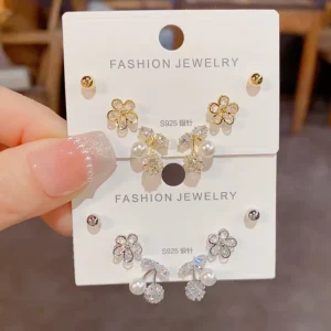 Gold Plated Earrings Set Flower Earring Cherry Set Small Stud Earrings Korean Jewelry