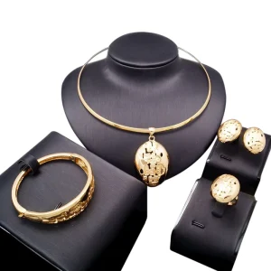 Gold Plated Embossed Oval Pendant 4Pcs Jewelry Set Necklace Earring Bangle Ring Women Daily Wear Accessories HD16010854