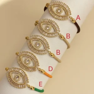 Gold Plated Evil Eyes Rope Bracelet Women Adjustable Cord Bracelet Handmade Lucky Jewelry Gift