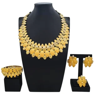 Gold Plated Fan Leaf Texture Jewelry Set 4pcs Women Necklace Earrings Bracelet Ring for Wedding Evening Party I0073