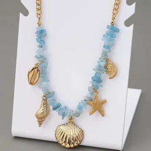 Gold Plated Fashion Jewelry Ocean Theme Starfish Shell Rhinestone Pendant Necklace For Women