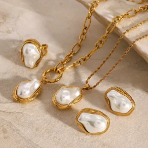 Gold Plated Fashion Jewelry Set Baroque Pearl Pendant Necklace Earrings & Rings for Women Minimalist Design
