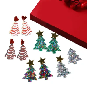 Gold Plated Festive Glitter Christmas Tree Earrings Fantasy Sequin Stars Unisex Engagement Certified Made