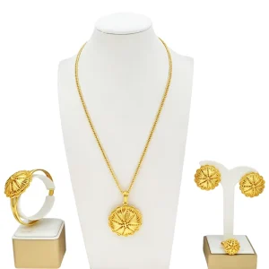 Gold Plated Filigree Flower Jewelry Set Necklace Earrings Bracelet and Ring African Fashion Women Accent