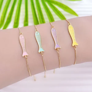 Gold Plated Fish Charm Colorful Enamel Fish Adjustable Bracelet Fashion Brass Jewelry
