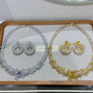 Gold Plated Floral Design Jewelry Set Yellow Cubic Zirconia Flower Necklace Earrings Luxury Statement Set