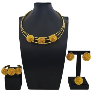 Gold Plated Flower Ball Jewelry Set 4pcs Women Necklace Earrings Bracelet Ring Hypoallergenic Wedding Party X0014230