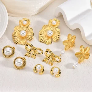 Gold Plated Flower Bow Pearl Stud Earrings Set 316 Stainless Steel