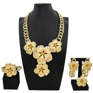 Gold Plated Flower Jewelry Set Chunky Chain Enamel Flower Necklace Earrings Bracelet Set for Women H20188