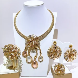 Gold Plated Flower Jewelry Set Wedding Set Necklace Earrings Bangle Ring