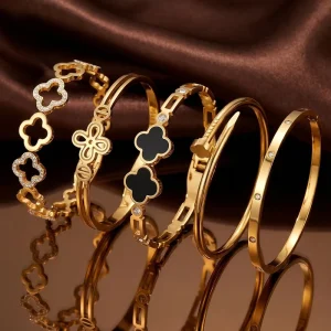 Gold Plated Four leaf Clover Lucky Bracelet Waterproof Stainless Steel Hollow Flower Bangles Women Girls