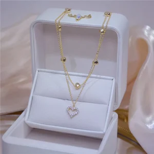 Gold Plated Heart Charm Pendant Necklace Set Dainty Double Layered Shiny Rhinestone Zircon Necklace for Women Jewelry