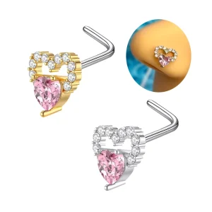 Gold Plated Heart Nose Screw Piercing 20G L Shaped Stainless Steel Nose Stud Ring