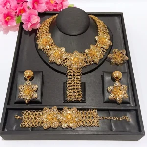 Gold Plated Hollow Flower Brazilian Jewelry Set for Women Delicate Party Daily Wear Feminine Stylish Accessory HK0484