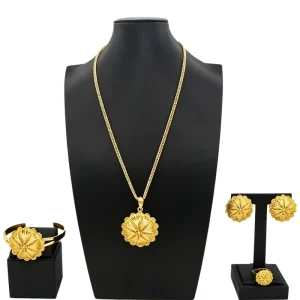 Gold Plated Hollow Flower Necklace Earrings Bracelet Ring Jewelry Set for Women Elegant Party Accessory HO26001