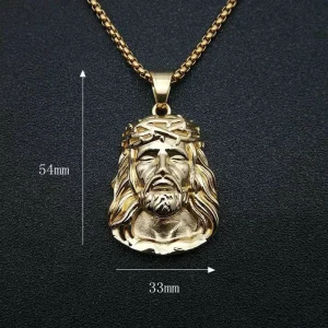 Gold Plated Jesus Necklace 316L Stainless Jesus Portrait Pendant Religious Jewelry Charms Necklace for Women MEN