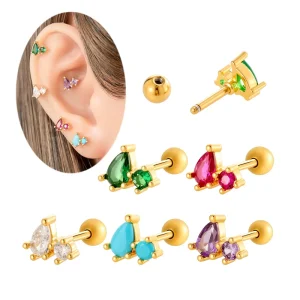 Gold Plated Jewelry Externally Thread Cartilage Earrings Piercing Two Zircon Ball Back Helix Earring Tragus Lobe PIERC