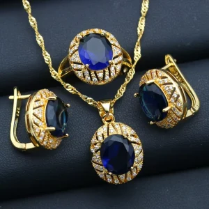 Gold Plated Jewelry Set for Women Custom Blue Crystal Earrings Pendant Ring Necklace for Weddings and Parties