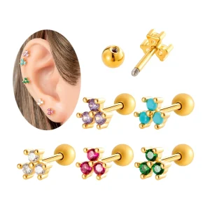 Gold Plated Jewelry Zircon Colored Clover Tragus Earrings Externally Thread Ball Back Cartilage Helix Piercing Earring