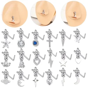 Gold Plated L Shaped Stainless Steel Nose Ring Jewelry Punk Fashion Zircon Stone Piercing Accessory