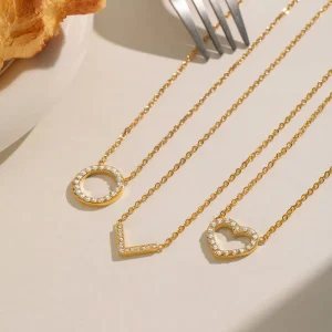 Gold Plated LOVE Letter CZ Crystal Pendant Necklace Set 316L Stainless Steel Thin Cable Chain