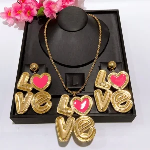Gold Plated LOVE Letter Pink Heart Jewelry Set Earrings Necklace for Women Trendy Party Daily Chic Accessory HK1661