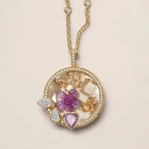 Gold Plated LOVE Locket Crystal Circle Pendant Necklace Diamond Pave Heart Moon Charm for Women Gift