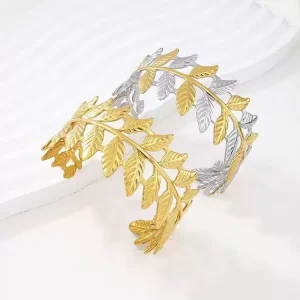 Gold Plated Leaf Cuff Bracelet Stainless Steel Vintage Style Unisex Fashion Jewelry Gift Women