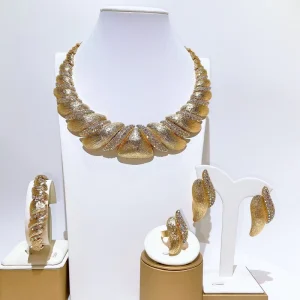 Gold Plated Leaf Jewelry Set for Women African Dubai Bridal Wedding Necklace Earrings Bracelet Ring Rhinestone I0154