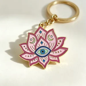 Gold Plated Lotus Shape Metal Charms Custom Zinc Alloy Eye Enamel Keychain for Collection