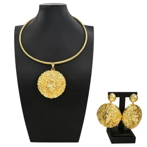 Gold Plated Medusa Head Jewelry Set Round Pendant Necklace & Matching Earrings HK120814