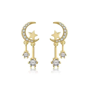 Gold Plated Moon Star Symmetrical Pendant Earrings Brass Zircon Earring Fashion Jewelry