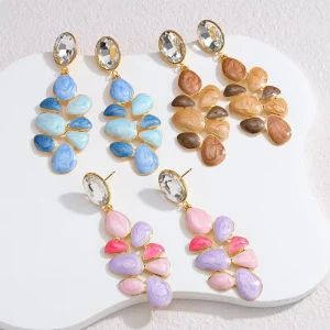 Gold Plated New Design Stainless Steel Fashion Drop Oil Colorful Leaf Pendant Earrings Accessories